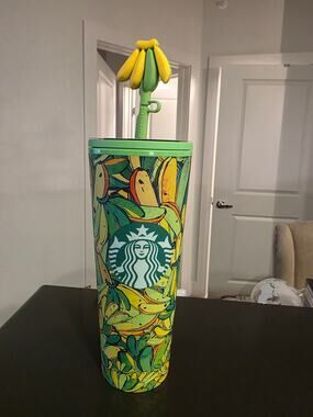 Starbucks Farm Rio Yellow & Green Straw Tumbler with Banana Topper